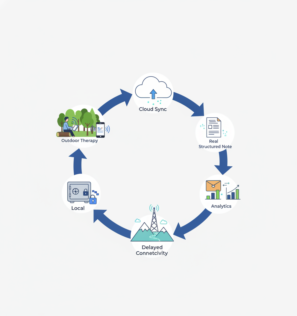Flow diagram of offline session recording, local storage, later sync, and AI-generated notes with analytics feedback