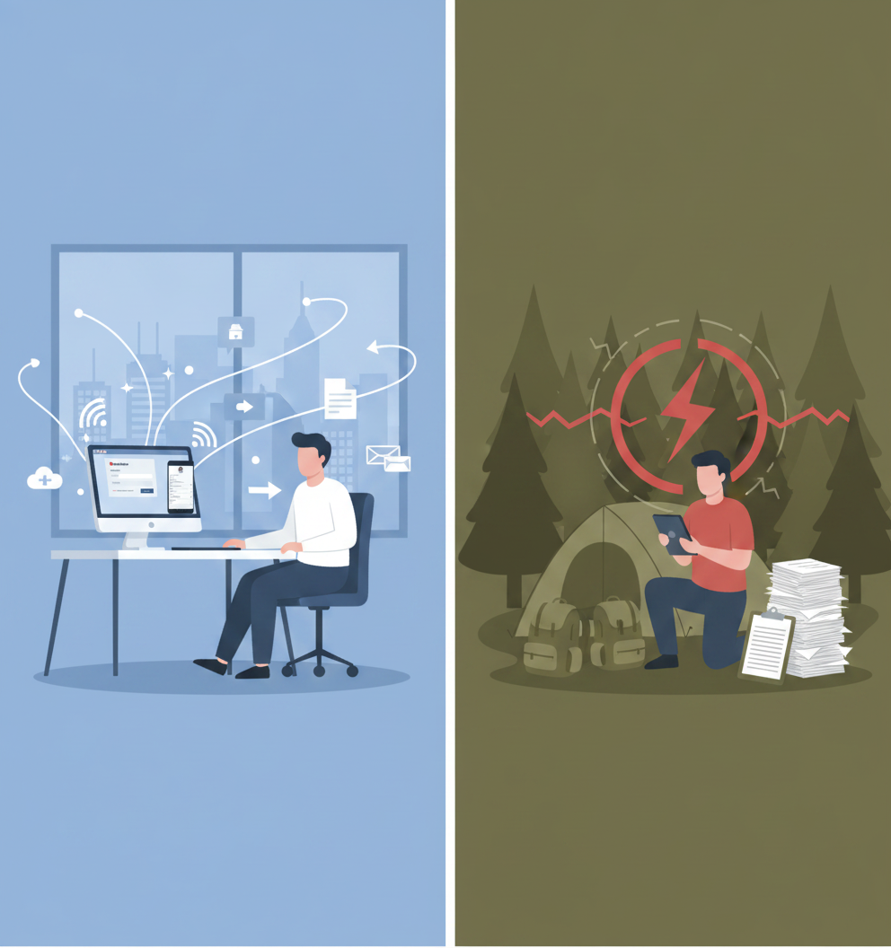Office clinician with connected desktop contrasted with forest clinician on isolated tablet, highlighting EHR conne...
