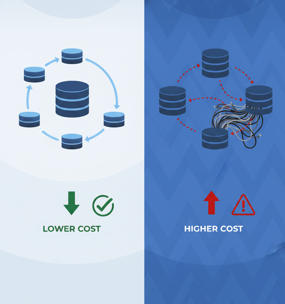 Unified single database contrasted with disconnected multi-database stack and higher costs