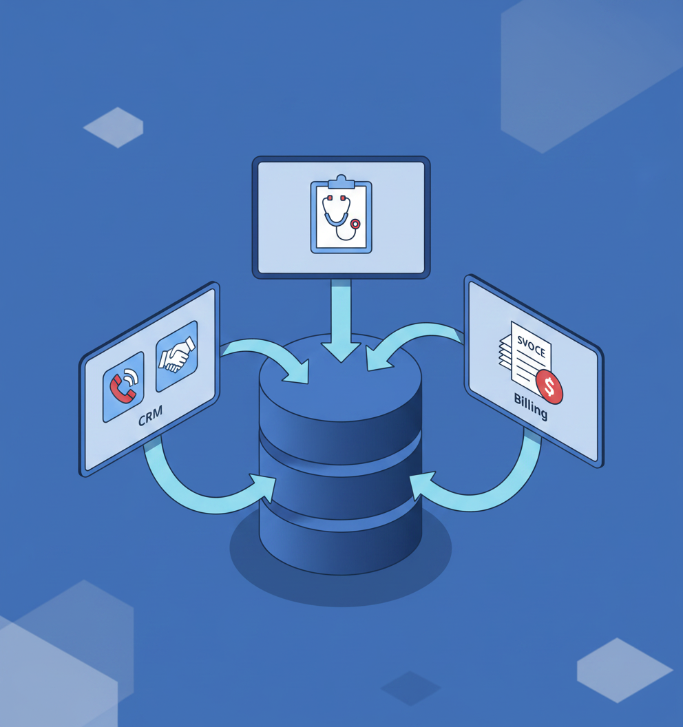 CRM, clinical, and billing modules funneling into one centralized database