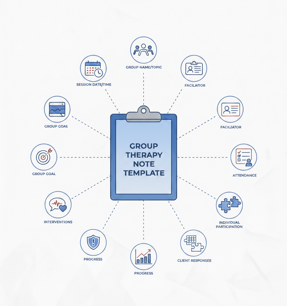 Diagram of a group therapy note template with twelve surrounding icons that represent its required data fields