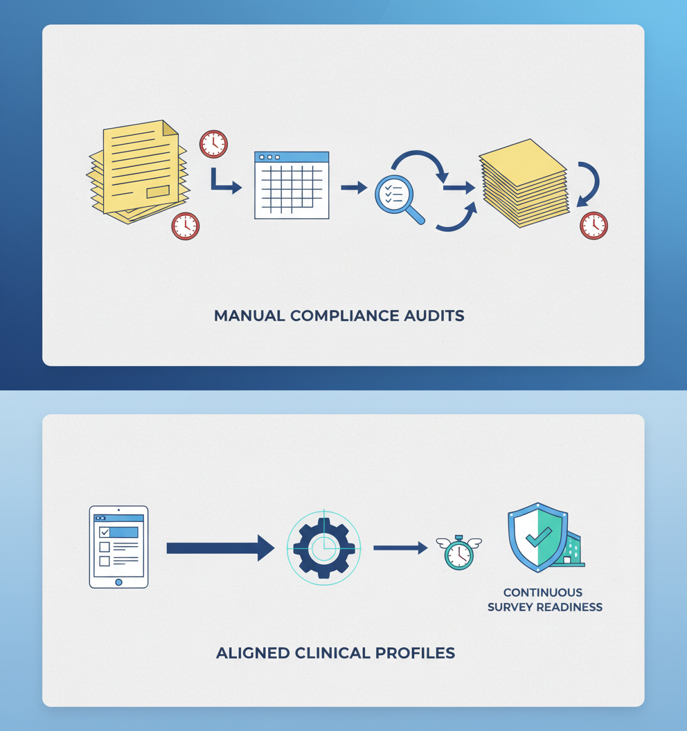 Flow diagram contrasting manual audits with automated aligned clinical profiles for time savings