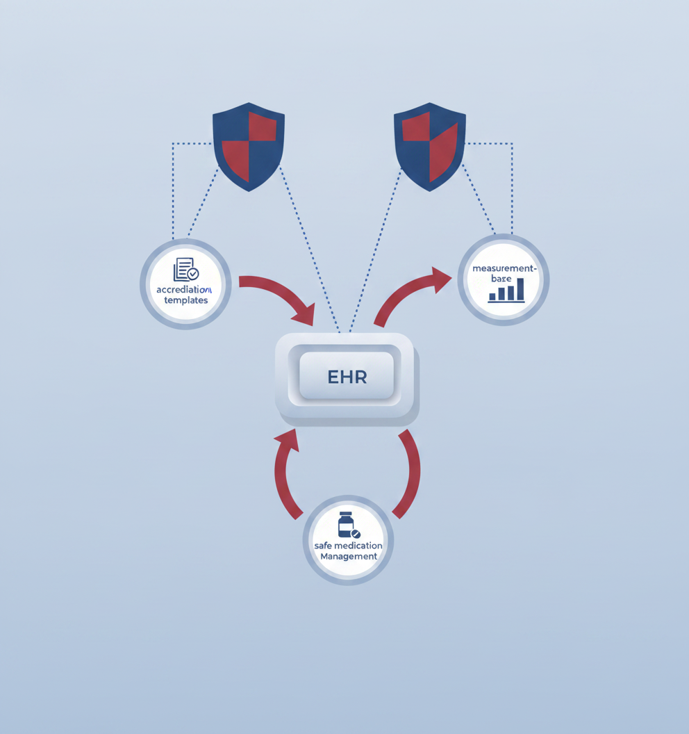 EHR hub diagram linking templates, outcome tools, and e-prescribing to two accreditation shields