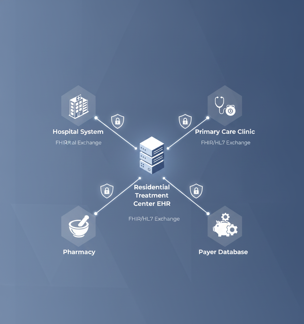 Flow diagram of secure data exchange between a treatment center EHR and external healthcare systems