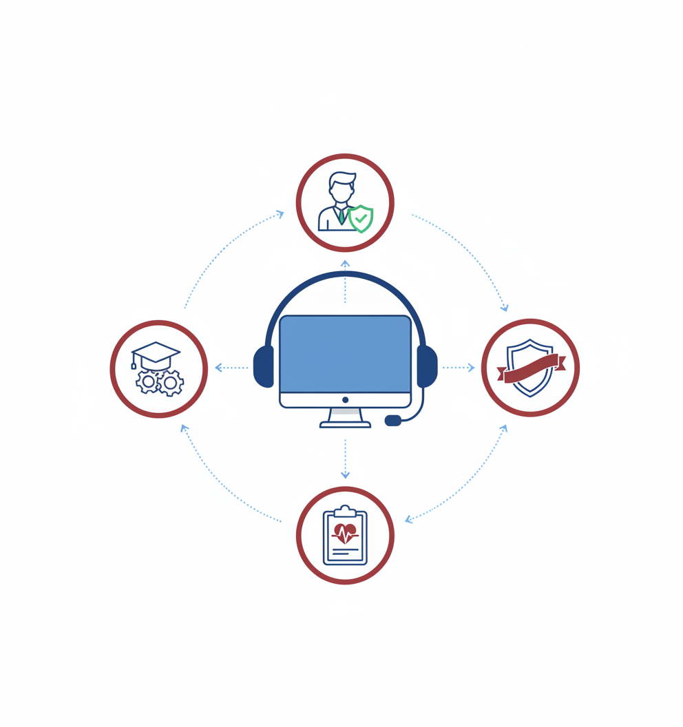 Diagram of EHR support hub linking to clinician satisfaction, training quality, compliance, and patient outcomes