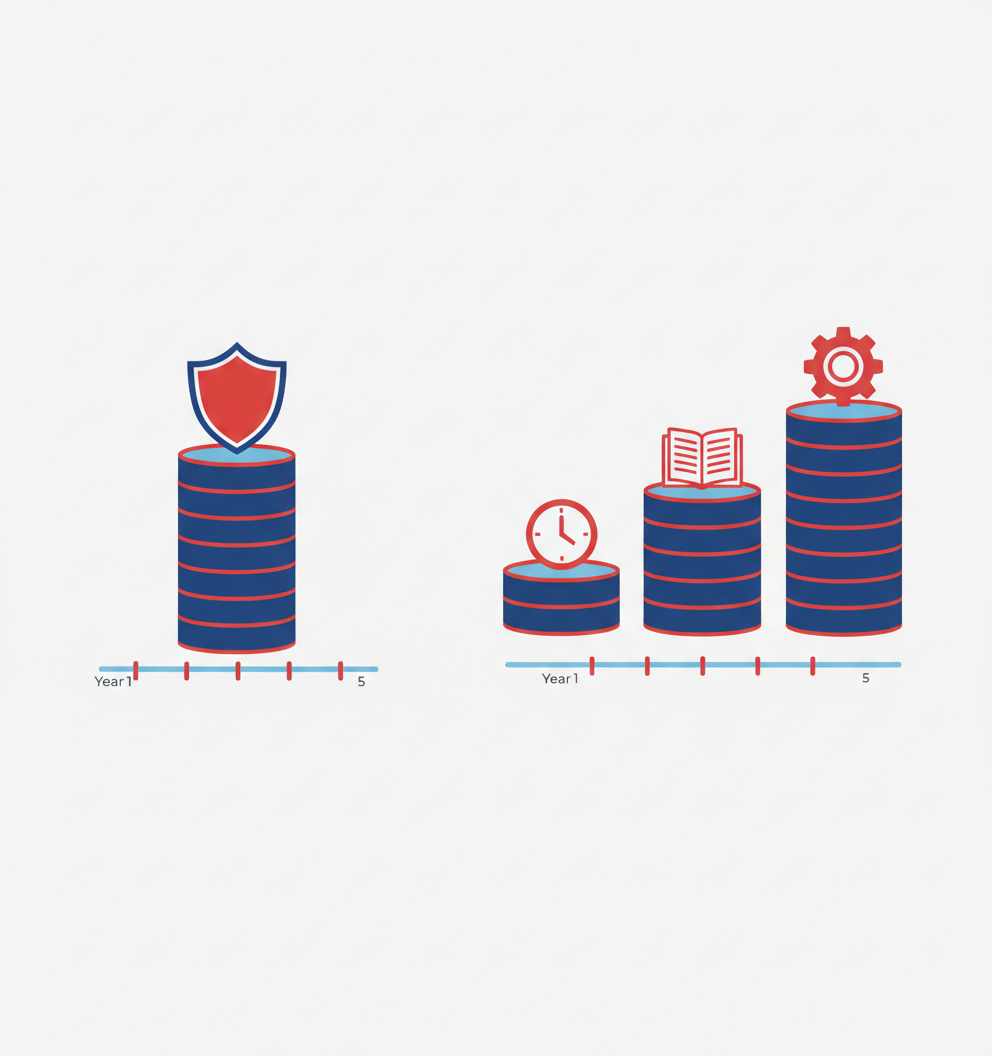 Illustration comparing one steady cost stack for flat fees versus multiple rising stacks for tiered EHR costs