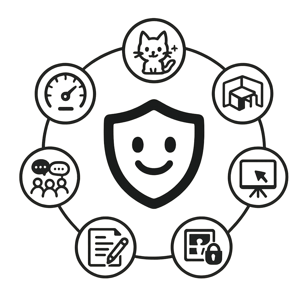 Vector showing seven safe office game icons arranged around a central HR approval shield