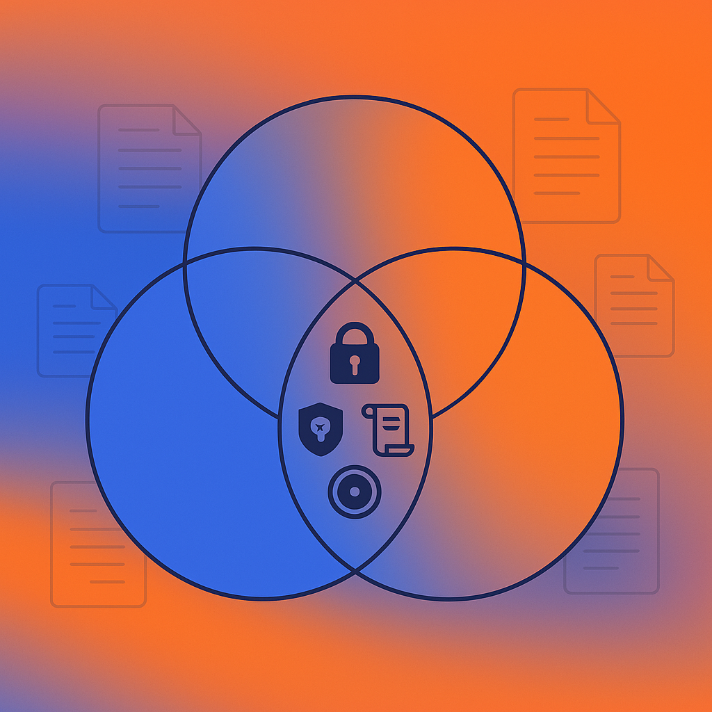 Overlapping compliance frameworks with icons for encryption, access control, audit trails and secure tokens.