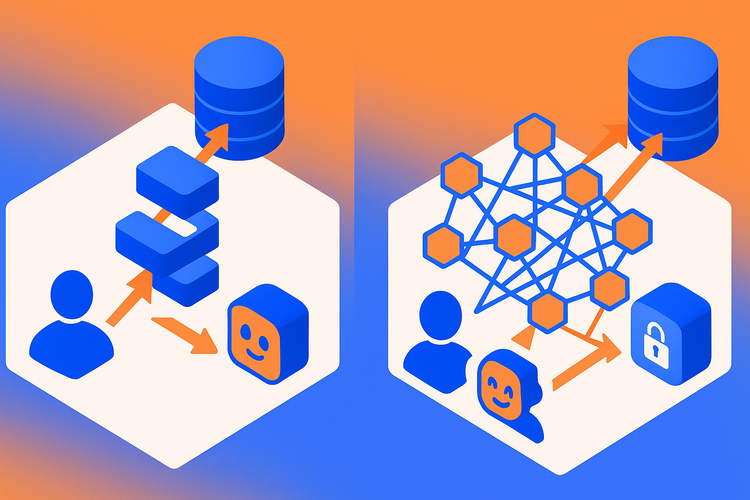 RBAC side shows simple role gate path; ABAC side shows complex attribute mesh for AI agent access control