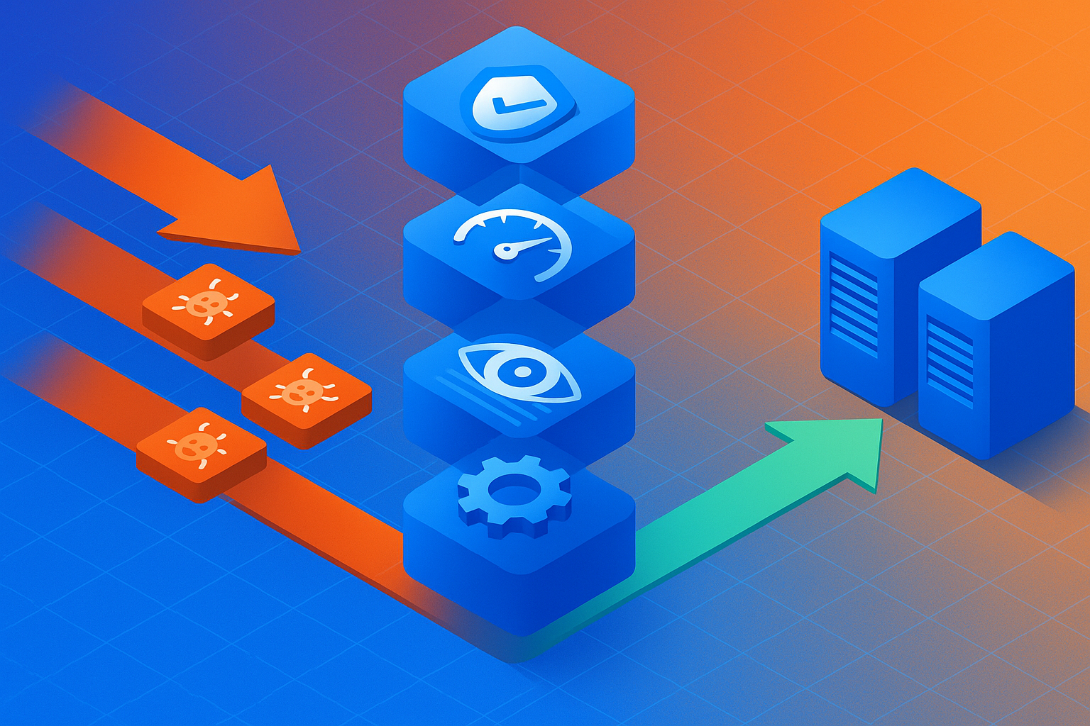 Layered gateway diagram showing token validation, rate limiting, observability, and policy blocks stopping malicious end