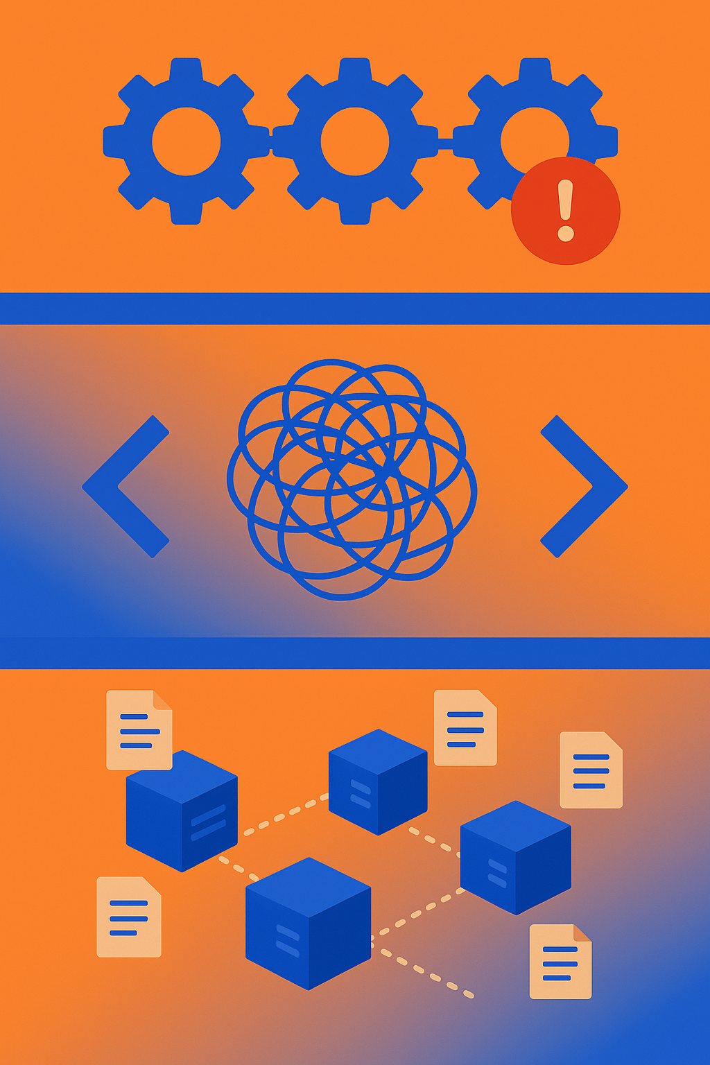Three-panel illustration of workflow crash, obfuscated stack trace, and scattered logs in MCP manual debugging