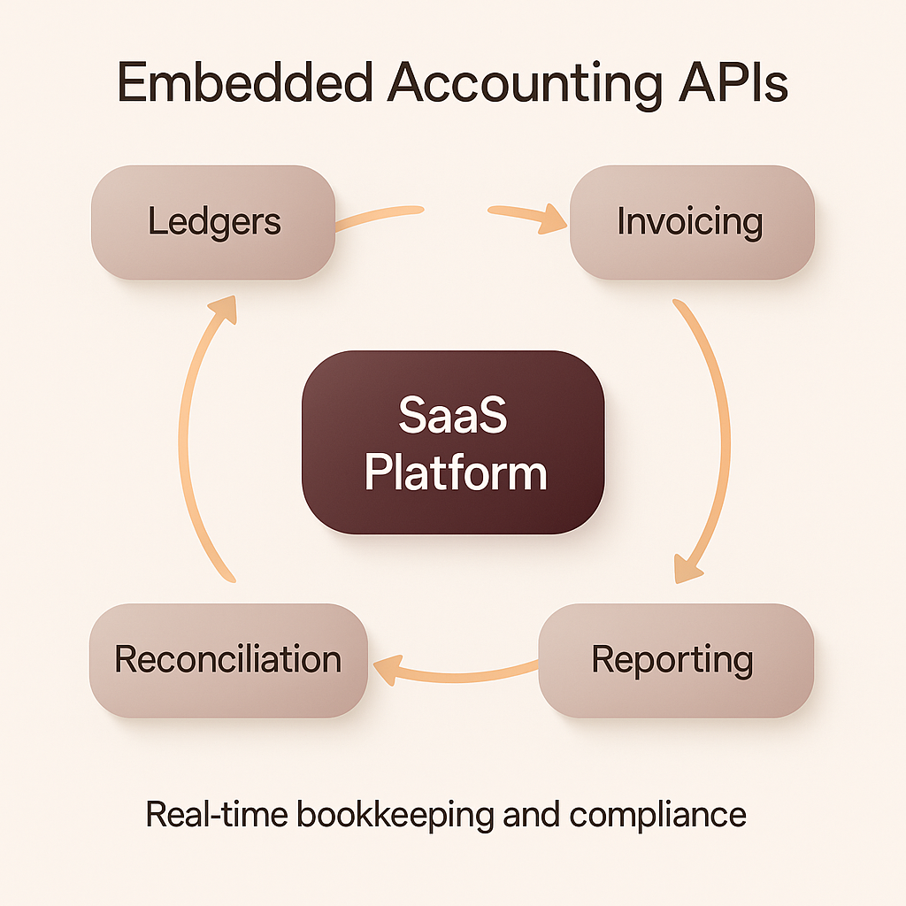 Diagram of SaaS platform with Embedded Accounting APIs showing seamless data flow for bookkeeping and compliance.