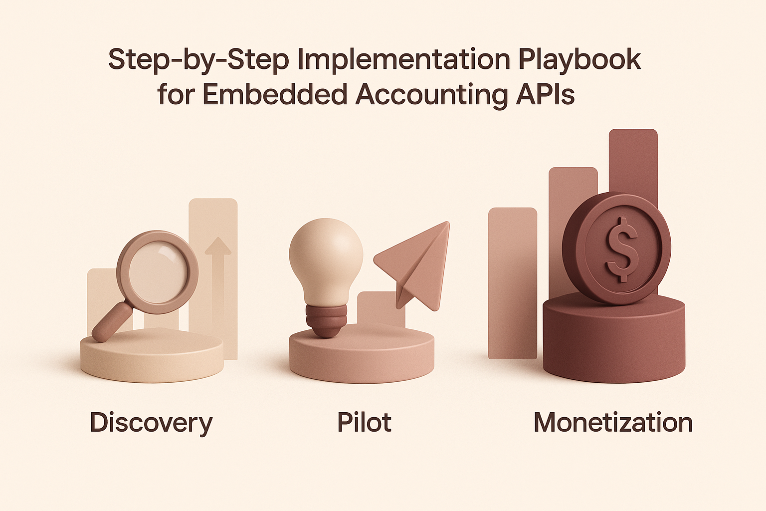 Illustration of implementation phases for Embedded Accounting APIs, including discovery, pilot, rollout, and monetization.
